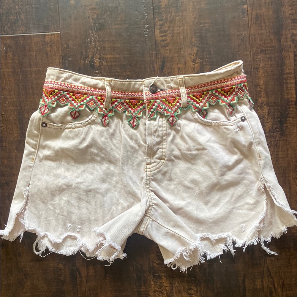 We The Free Cream and Red Jean Shorts with Frayed Hem